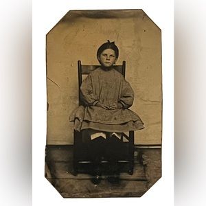 Antique Tin Type Metal Photograph Girl Sitting On A Wooden Chair Wearing A Dress
